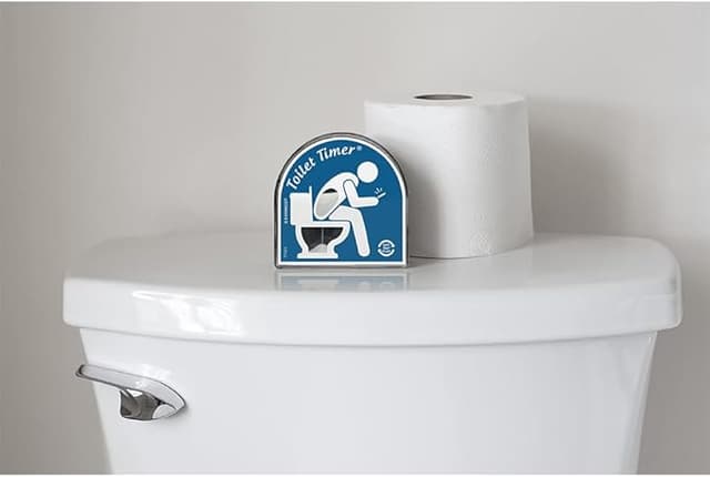 Toilet timer gag gift showing a man thinking on the toilet—funny bathroom gift for dads, husbands, or office bathroom champions.