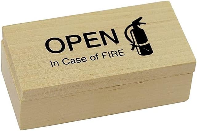 Wooden gag gift box labeled “Open in Case of Fire,” perfect for pranks and unexpected disappointment