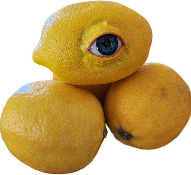 Life-sized creepy lemon with human face and eerie eyes—perfect Halloween prop for horror fans or unsettling kitchen decor.