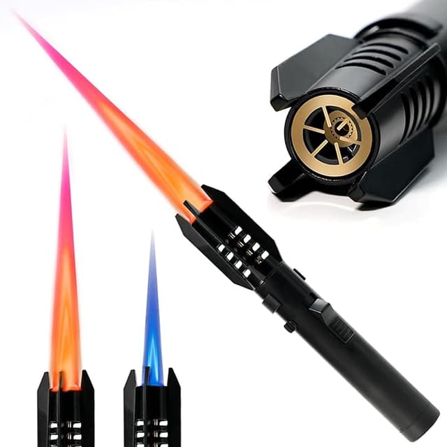 Black windproof torch lighter with straight flame, perfect for camping, BBQs, and survival mischief