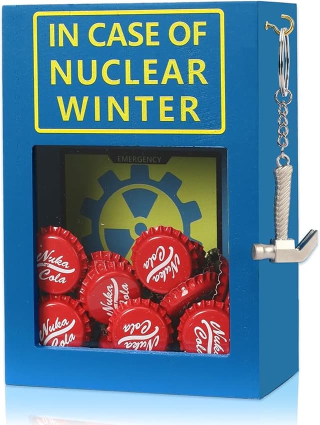 Funny emergency box filled with Nuka red bottle caps and a toy hammer—perfect for Fallout fans and apocalypse-ready jokesters