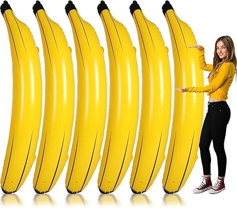Six giant inflatable banana props—funny bachelorette party decorations, pool party chaos starters, or oversized fruit-themed photo ops.
