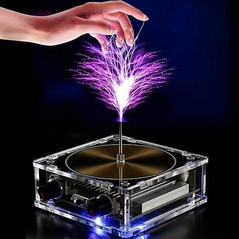 Mini Tesla coil shooting sparks to music—fun science toy for electric enthusiasts, mad genius gifts, or shocking desktop experiments.