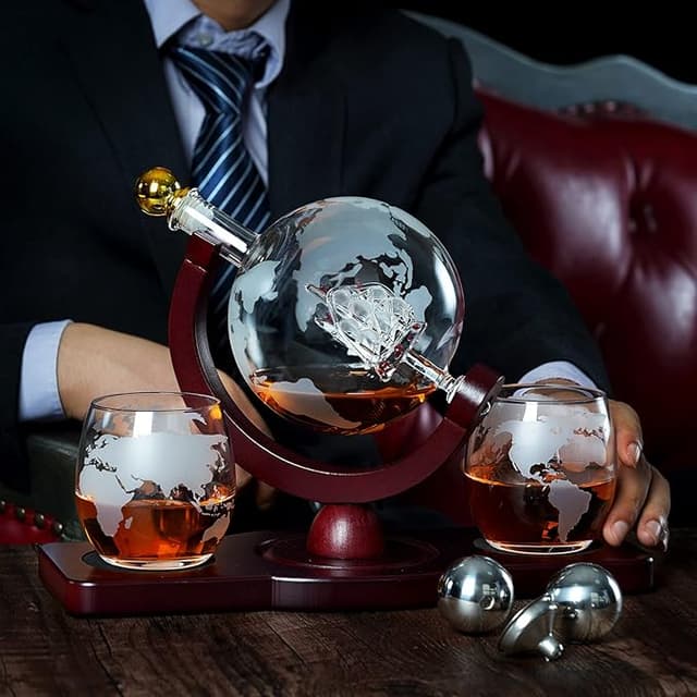 Elegant whiskey globe decanter set with glasses and stones—great gift for dads, husbands, or boyfriends who sip with style.
