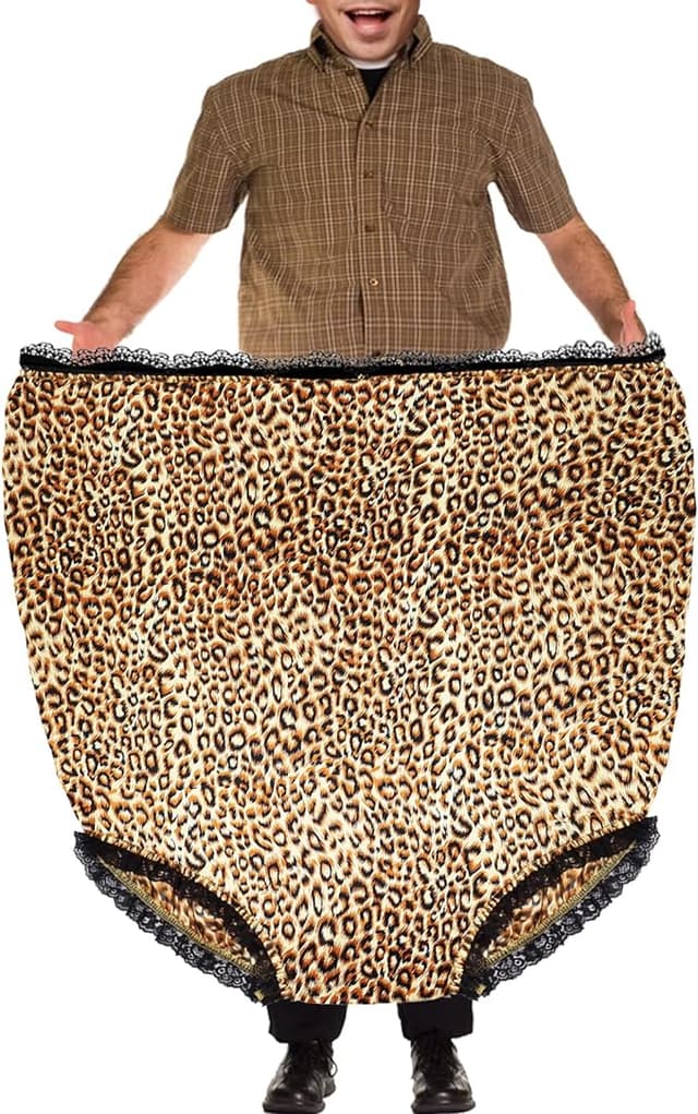 Massive granny panties laid out as a prank gift—funny novelty present for moms, dads, or white elephant parties.