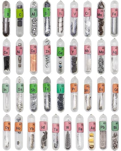 Periodic table gift set with 37 real element samples sealed in glass tubes—perfect for science nerds and curious minds